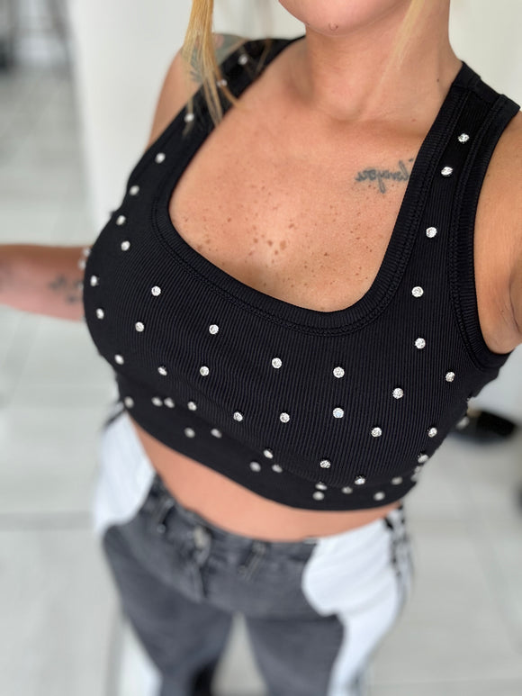 Black Rhinestone Basic Crop Tank