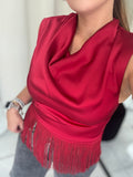 Tango Red Cowl Neck Fringes Top