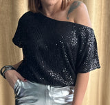 Black Sequin Boat Neck Top