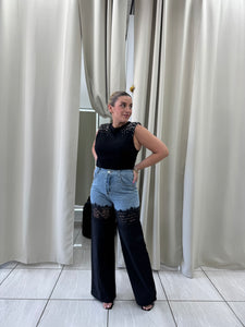Denim Lace Black Pants