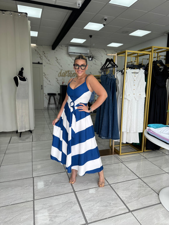 NavyWhite Lines Belt Dress