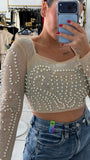 Nude Mesh Pearls Rhinestones Top