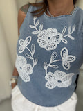 Light Denim Sleeveless Embroidered Top