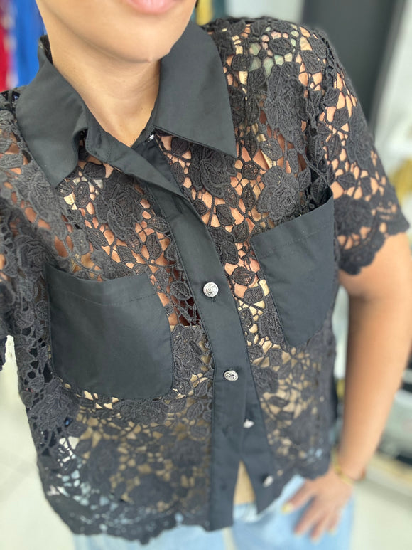 Black Lace Collar Top