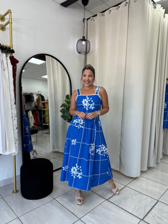 Blue GridFloral Top & Skirt Set