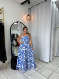White & Floral Blue Backless Dress