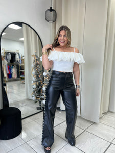 Black Leather Pearls WideLeg Pants