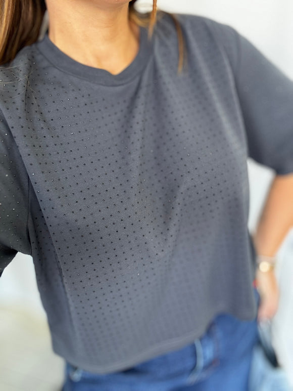 Grey Crop Rhinestones Top