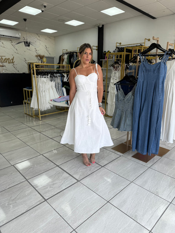 White Bustier Shoulder Tie Dress