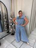 Denim WideLeg Pleats Jumpsuit