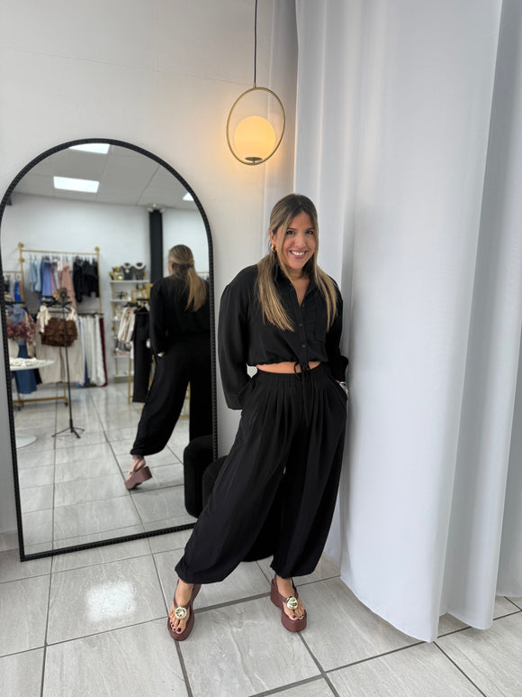 Black Button Tie Top & Pants Set