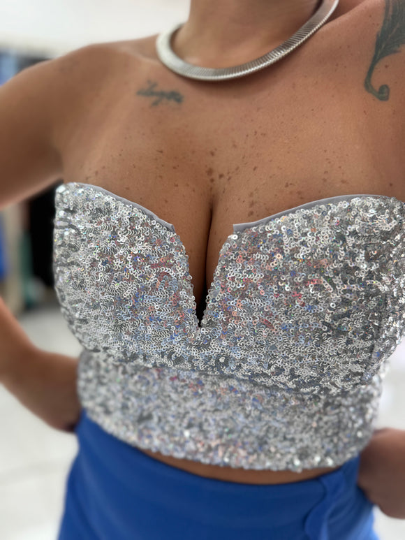 Silver Sequin V Crop Top