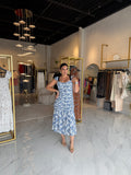 Blue Floral Lace Ruched Dress