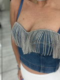 Denim Stones Fringes Bustier