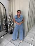 Denim WideLeg Pleats Jumpsuit