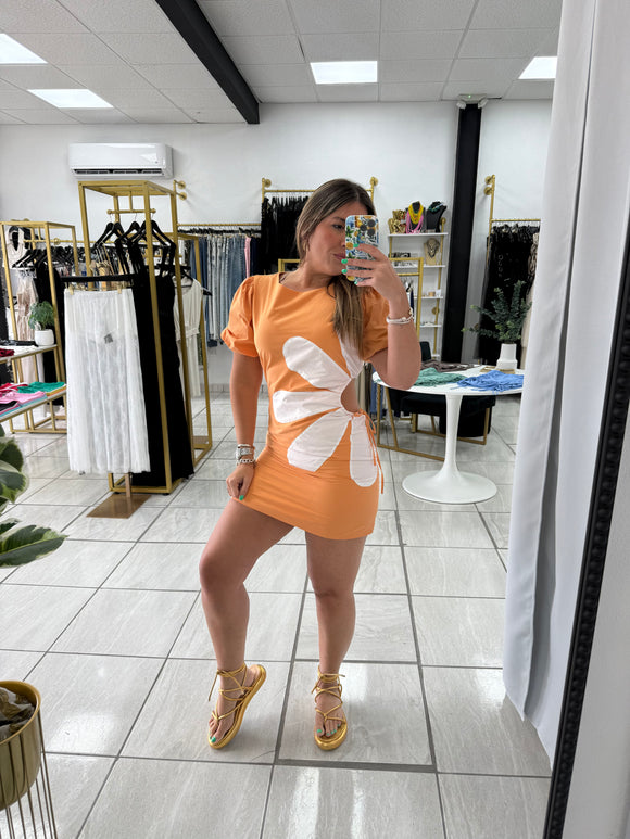 Tangerine White SideCut Flower Dress