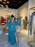 Teal Wrap Collar Maxi Dress