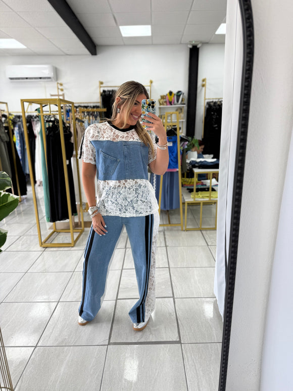White Contrast Lace Top & Pants Set