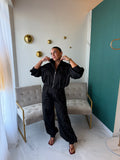 Black Satin Eyelet Set