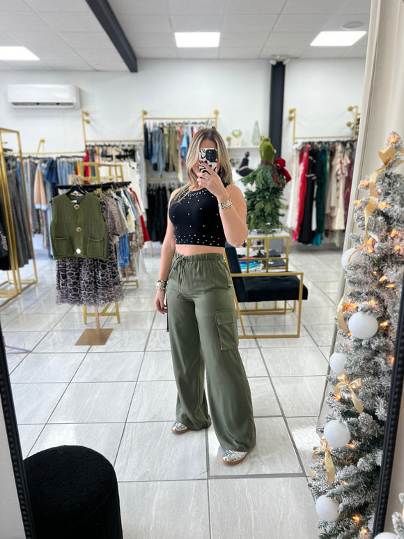 Olive Satin Drawstring Cargo Pants