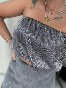 Silver Metallic Strapless Crop Top