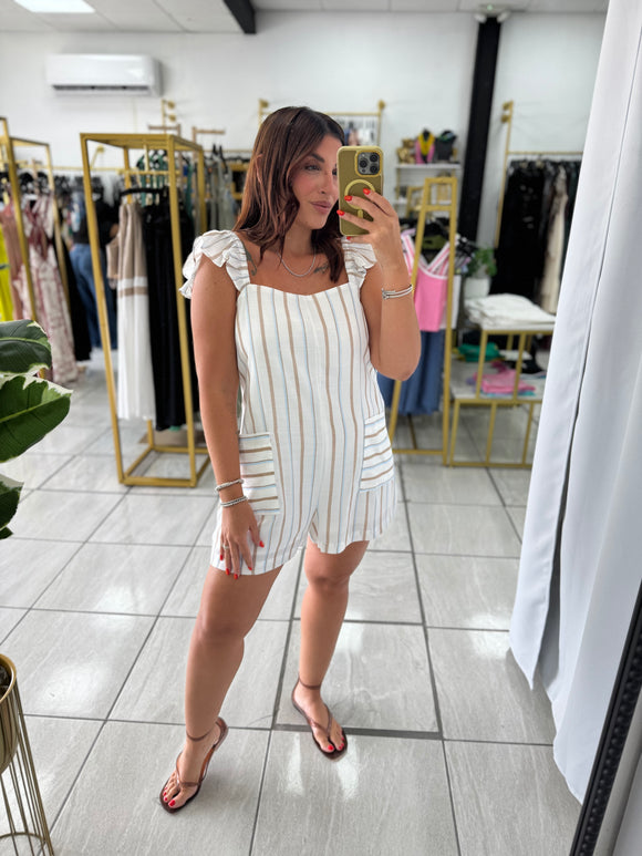 Taupe Stripes RuffleSleeve Romper