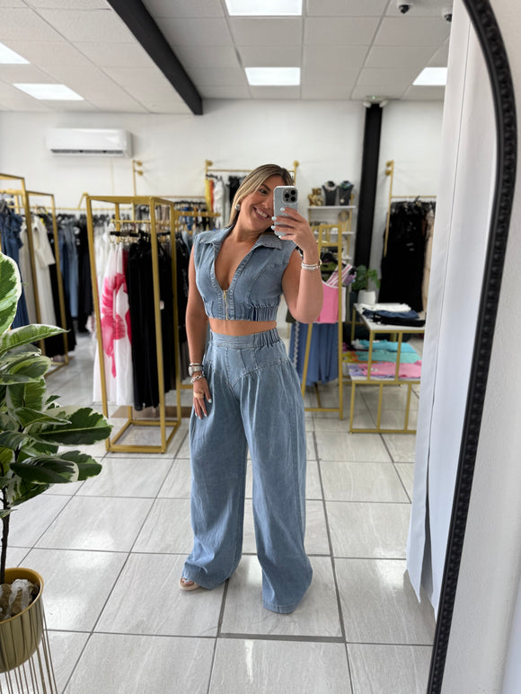 Denim ZipUp Top & Pants Set