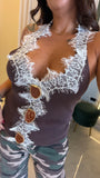 Coffee Ribbed Lace Top