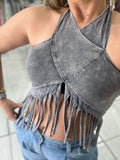 Grey Wash Fringes Top