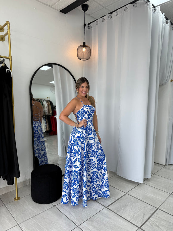 White & Floral Blue Backless Dress