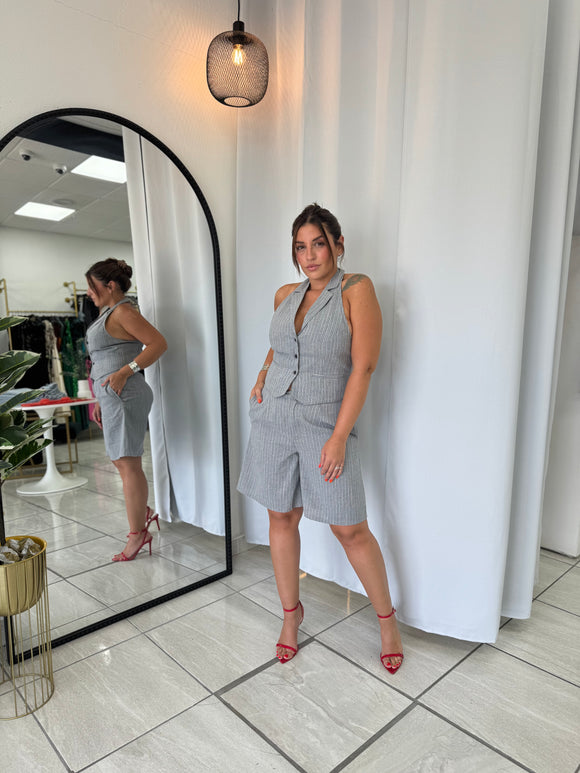 Gray Stripe Halter Vest & Shorts Set