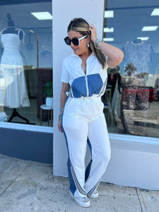 White Denim Contrast Top & Pants Set