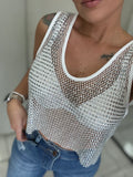 White Rhinestones Mesh Top