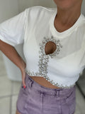 White Rhinestones Crop Top