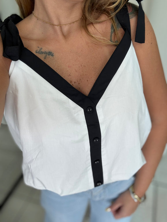 White Black ShoulderTie Bubble Top