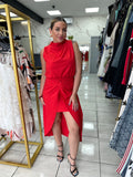 Red HighNeck Midi Dress