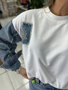 White Denim Rhinestone Sweater