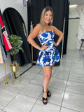 White Blue Floral Bubble Tube Dress