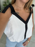 White Black ShoulderTie Bubble Top