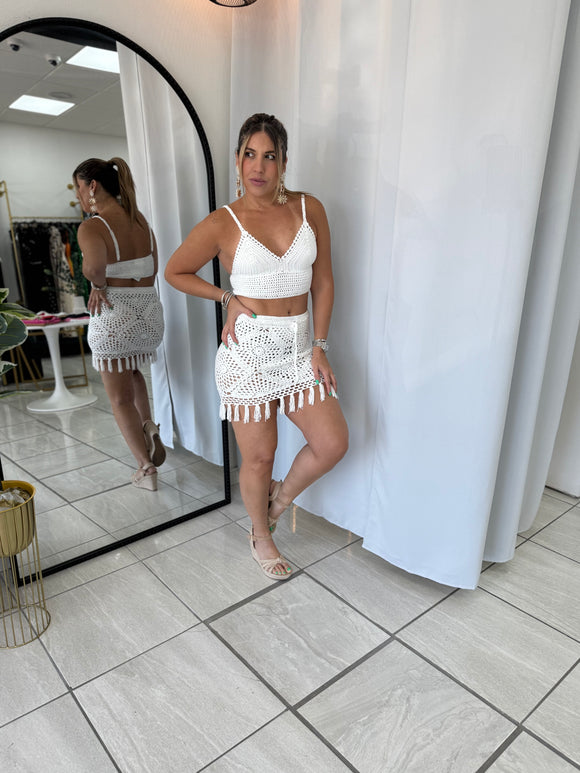 OffWhite Crochet Top & Tassel Skirt